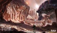 Concept art of ruins, with a Shuul'se-pattern Kraken to the side.