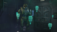 John-117 and the Weapon looking at holograms of Reformation Spires onboard Echo 216.