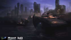 A matte painting from the terminals depicting the Outbreak at the Containment Facility.