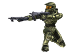 Master Chief crouching while dual-wielding M7 SMGs in Halo 2.