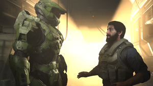 Fernando Esparza and John-117 talking onboard Echo 216. From Halo Infinite campaign level Pelican Down.