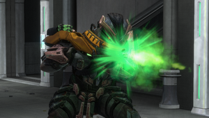 A Jiralhanae Chieftain firing a Korva-pattern fuel rod gun during the Siege of New Alexandria. From Halo: Reach campaign level Exodus.