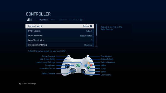 A screenshot of "Button Layout" set to "Recon" in the Halo 4 settings menu.Behind the game pause menu is pitch black.Note: The screenshot was taken from the emulator Xenia.