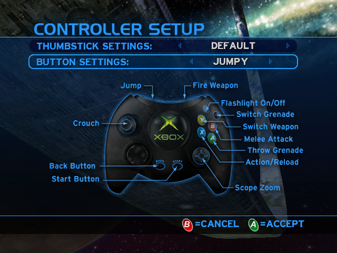 A screenshot of "Buttons Settings" set to "Jumpy" in the Halo: Combat Evolved (Revision 2)  settings menu.Note: The screenshot was taken from the emulator Xemu.