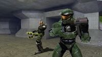 An Orion-clad cyborg (left) wielding the remastered gravity wrench.