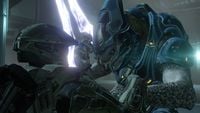 A Sangheili Storm attempts to engage the Master Chief wielding an energy sword.
