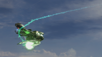 A Banshee's fuel rod curving to hit an AV-14 Hornet in Halo 3.