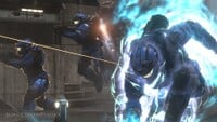 Promotional image for the Halo: Reach Multiplayer Beta featuring a Spartan using armor lock and another using the Series 8 jetpack on the multiplayer map Powerhouse. From the Halo: Reach press kit.