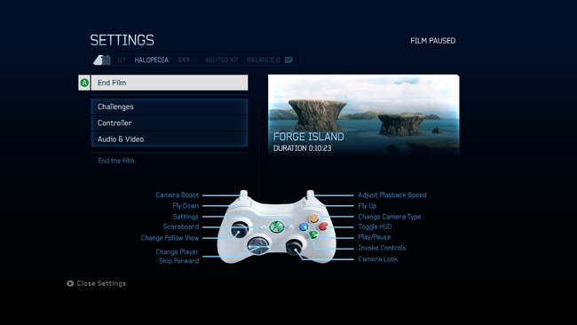A screenshot of the pause Theater menu of Halo 4 (Xbox 360).Behind the game pause menu is pitch black.Note: The screenshot was taken from the emulator Xenia.