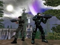 Promotional image for an early build of Halo: Combat Evolved featuring John-117 and a UNSC Marine with MA5B assault rifles, on a beacon tower. Screenshot of the level Halo from the Halo: Combat Evolved press kit on the The Ultimate Halo Companion DVD Set.