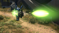 A Banished Mgalekgolo fires its assault cannon in Halo Infinite.