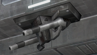 A view of ventral M870 Rampart point defense gun on the Charon-class light frigate in Halo 3.