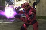 A SPARTAN-II with the Scout helmet firing a Needler in Halo 3.