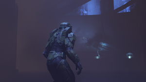 John-117 watches as the Silent Auditorium collapses. From Halo Infinite campaign level Silent Auditorium.