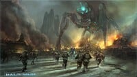 Concept art of UNSC Marines encountering a Protos-pattern Scarab in Halo Wars.