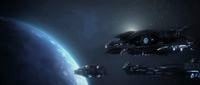 Forthencho's fleet of ships preparing to sterilize a Flood infected Forerunner planet.