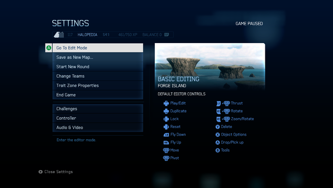 A screenshot of the pause Forge menu of Halo 4 (Xbox 360).Note: The screenshot was taken from the emulator Xenia.