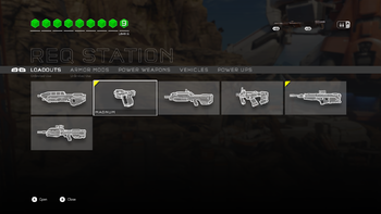 An image of Halo 5: Guardians' loadout menu, featuring the six available loadout weapons.