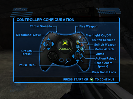 A screenshot of the "CONTROLLER CONFIGURATION" popup menu of Halo Demo.[1]Note: The screenshot was taken from the emulator Xemu.