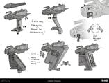 Concept art exploring various methods of mounting the Scrap Cannon.