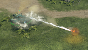 An M808S Scorpion firing an S1 canister shell in Halo Wars 2 campaign level Last Stand.