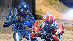 A Banished Sangheili Enforcer and a Sangheili Mercenary behind in Firefight in Halo Infinite.