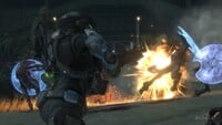 An M319's grenade's explosion staggers a group of Kig-Yar Minors in Halo: Reach.