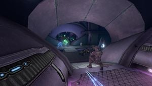 Two UNSC Marines battle three Sangheili Minors, who were being chased by a group of Yanme'e, in High Charity, as seen in Halo 2: Anniversary campaign level Gravemind.