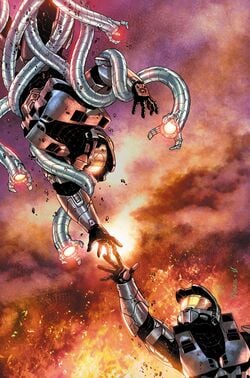 Issue 2 Cover art for Halo: Blood Line. A Spartan being grabbed by Forerunner tentacles while another tries to grab their hand.