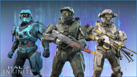 Mark VI Mod Armour Set as depicted in Halo Infinite alongside COHORT-class Mjolnir and ARGUS-class Mjolnir.