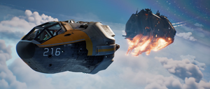 An SKT-9 Bumblebee and the Pillar of Autumn descend onto the surface of Installation 04.