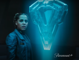 Miranda Keyes inspecting the hologram of a Forerunner artifact in Halo: The Television Series Season One.