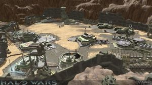 A screenshot of an early build of Halo Wars from E3 2007, depicting the early firebase system.