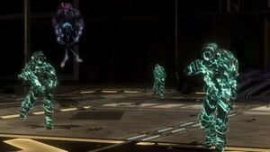 Alpha-Nine members Veronica Dare, Edward Buck, and Jonathan Doherty (all with Overshields) escorting Huragok Quick to Adjust/Vergil in New Mombasa Sector 1, as seen in Halo 3: ODST campaign level Coastal Highway.