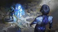 Early concept art of John-117, the Weapon, and Cortana for Halo Infinite.