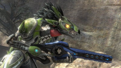 A Skirmisher Commando with a M'tara-pattern focus rifle during the Battle at Szurdok Ridge. From Halo: Reach campaign level Tip of the Spear.
