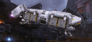 A screenshot of a Brahman light hauler from Halo 5: Guardians used in the encyclopedia.