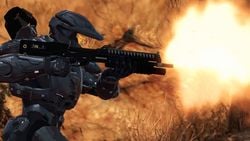 A Spartan firing an M90 shotgun in H2A multiplayer.
