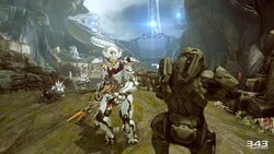 A screenshot of John-117 fighting the Warden Eternal on the level Reunion.