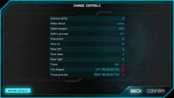 A screenshot of the “VIEW CONTROLS” (“SELECT INPUT METHOD”: Mouse and Keyboard) setting menu of Halo: Spartan Assault (Windows) (Steam).Every binding is set by default.