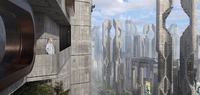Concept art of the city overview, from Halsey's apartment.