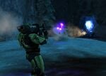 The Master Chief fires a rocket at a Covenant Wraith.