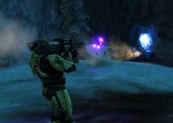 John-117 fires a Rocket Launcher at a Covenant Wraith on the Halo: Combat Evolved level, Two Betrayals.
