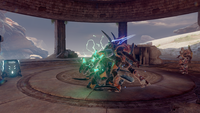 An enraged Mgalekgolo and a Swords of Sanghelios Sangheili Storm dueling.