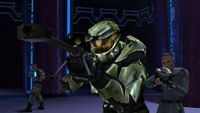 The Master Chief takes point, backed up by the rescued UNSC personnel.