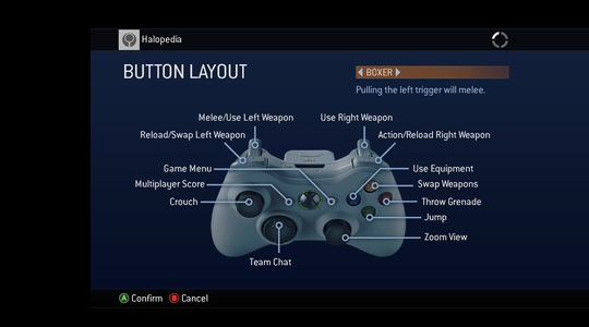 A screenshot of "BUTTON LAYOUT" set to "BOXER" in the Halo 3 (Xbox 360) settings menu.Behind the game pause menu is pitch black.Note: The screenshot was taken from the emulator Xenia.