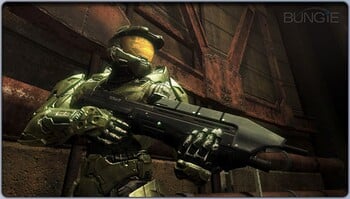 Screenshot of John-117 in Crow's Nest from an early build of Halo 3  for Bungie.net's Machines, Materiel and Munitions from the Human-Covenant Conflict, 2525 - Present post on the MA5C assault rifle (archive here).