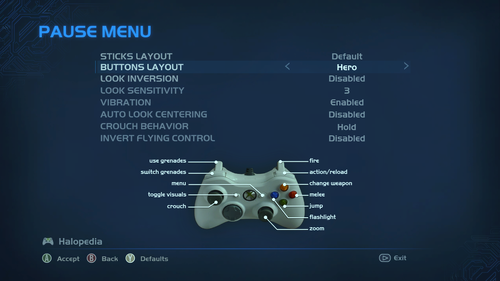 A screenshot of "Buttons Layout" set to "Hero" in the Halo: Combat Evolved Anniversary settings menu.Behind the game pause menu is pitch black.Note: The screenshot was taken from the emulator Xenia.