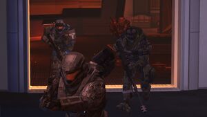 NOBLE Team's SPARTAN-B312 leads Carter-A259, Emile-A239, and Jun-A266 into SWORD Base during Operation: WHITE GLOVE. From Halo: Reach campaign level The Package.