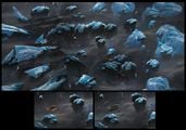 Concept art of player-controlled ships moving through an asteroid field.